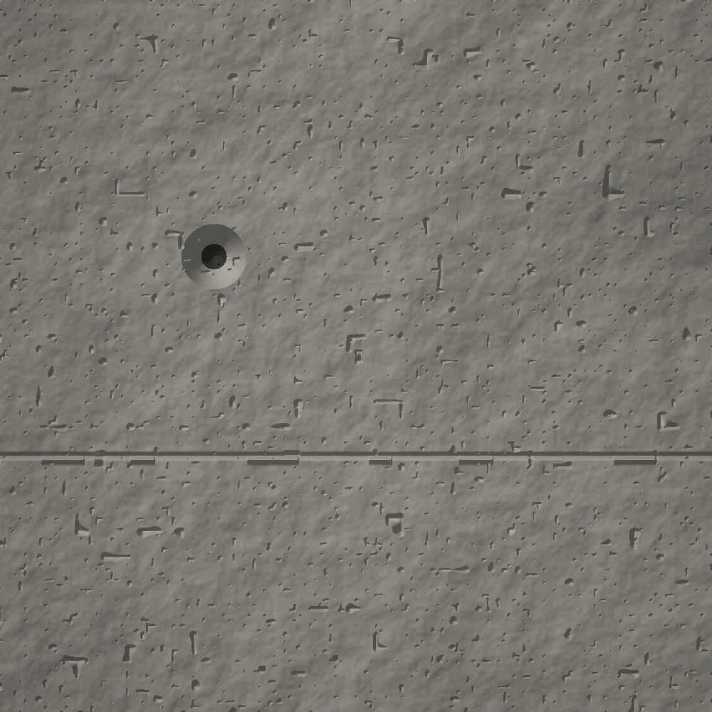 Gros plan de béton brut de décoffrage : bullage fin, trou de banche et joint de coffrage.