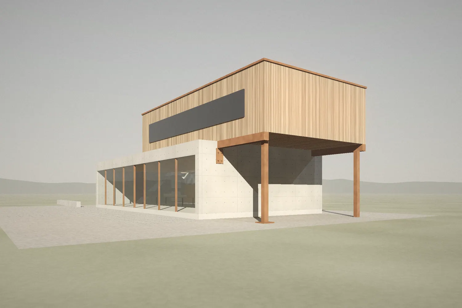 Pavillon Lisière vu depuis l'est : le porte-à-faux en mélèze et son poteau d'acier patinable.