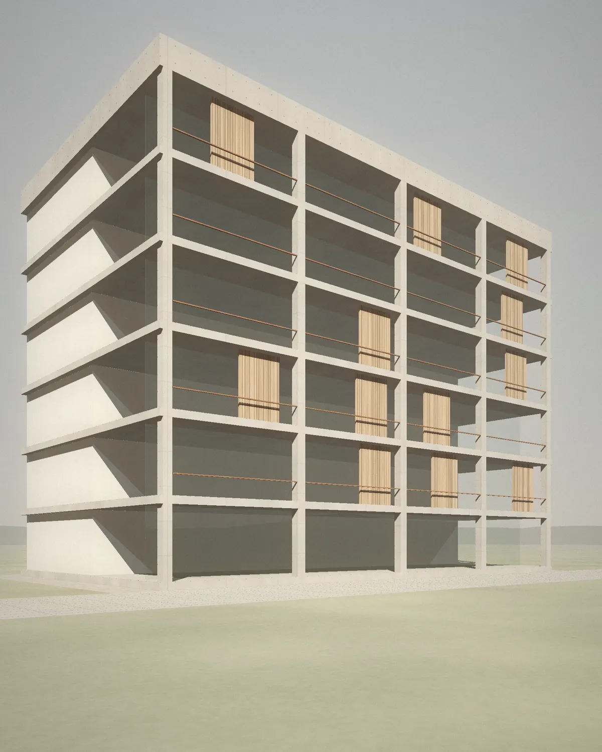 Immeuble de logements à ossature béton, loggias profondes et volets coulissants en bois.