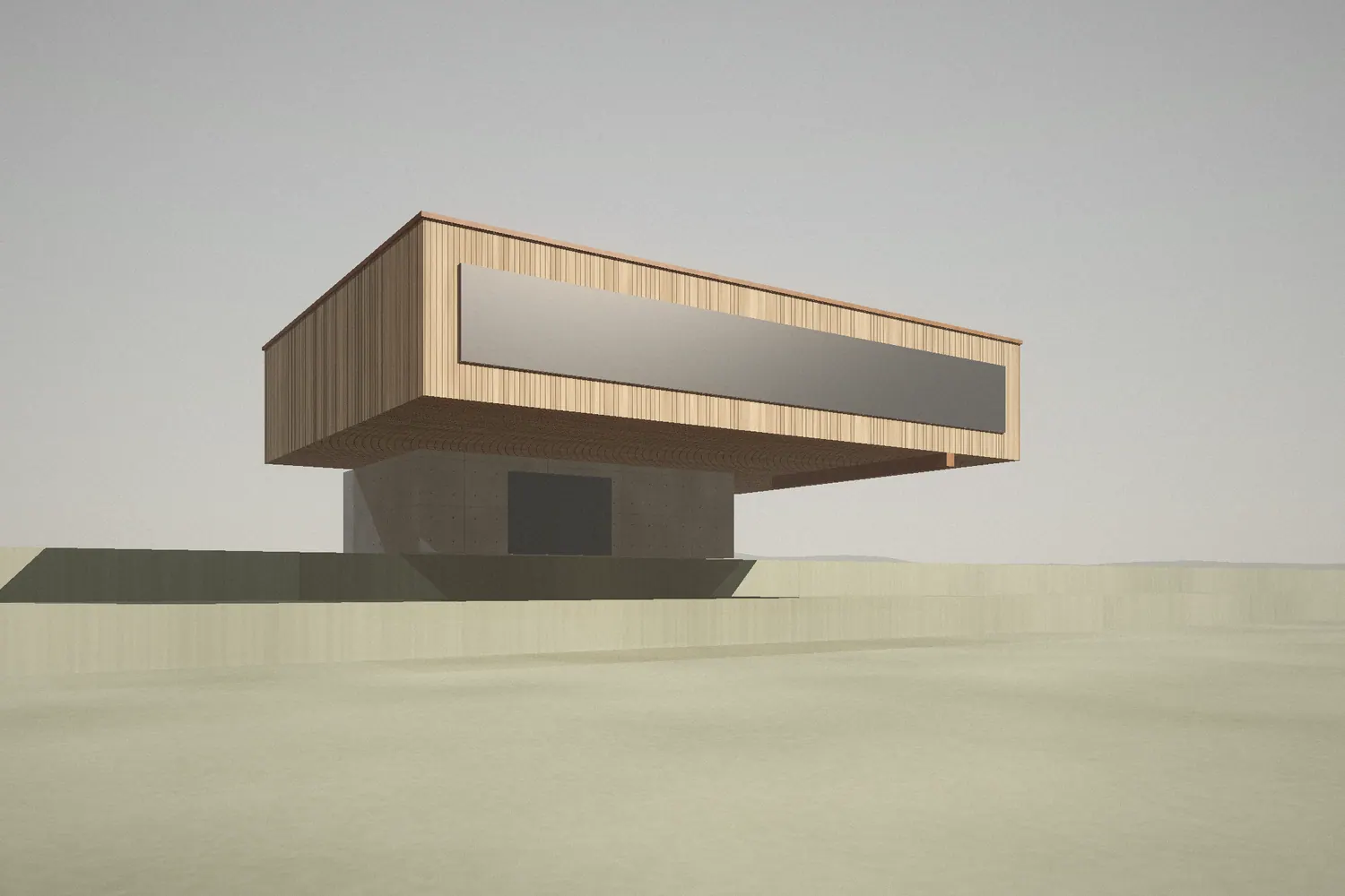 Maison en bois en porte-à-faux au-dessus d'un socle en béton, sur un terrain en terrasses.