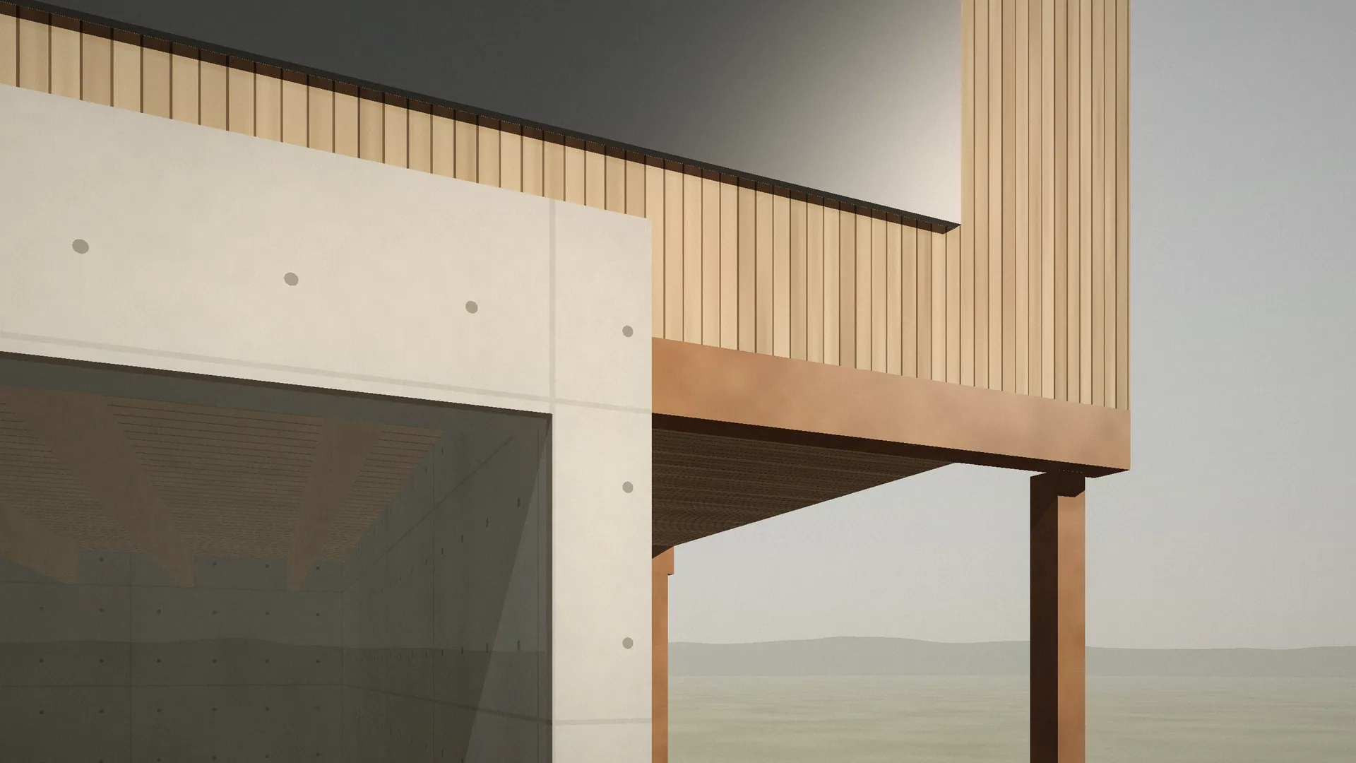 Détail de la jonction entre le mur de béton, la poutre en acier patinable et le bardage bois du porte-à-faux.
